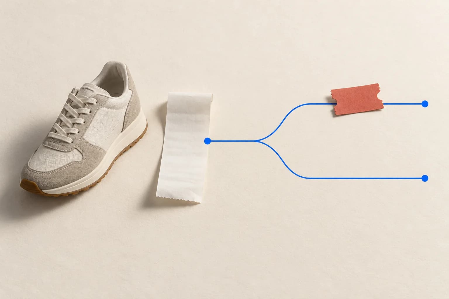 An order receipt and sneaker lead to two blue paths, one with a discount ticket and one without.